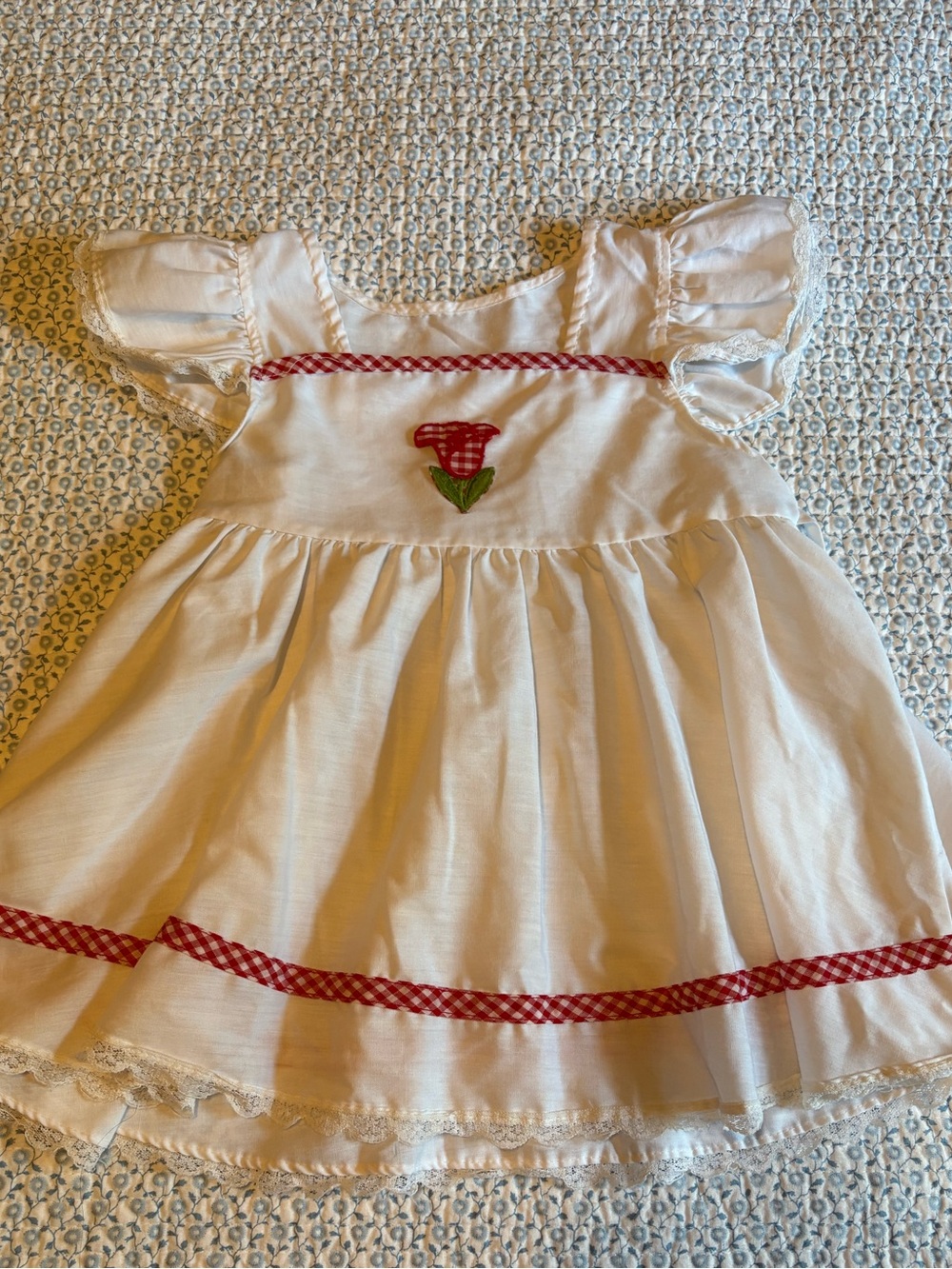 Classic White Girls' Dress with Red Trim and Strawberry Accent